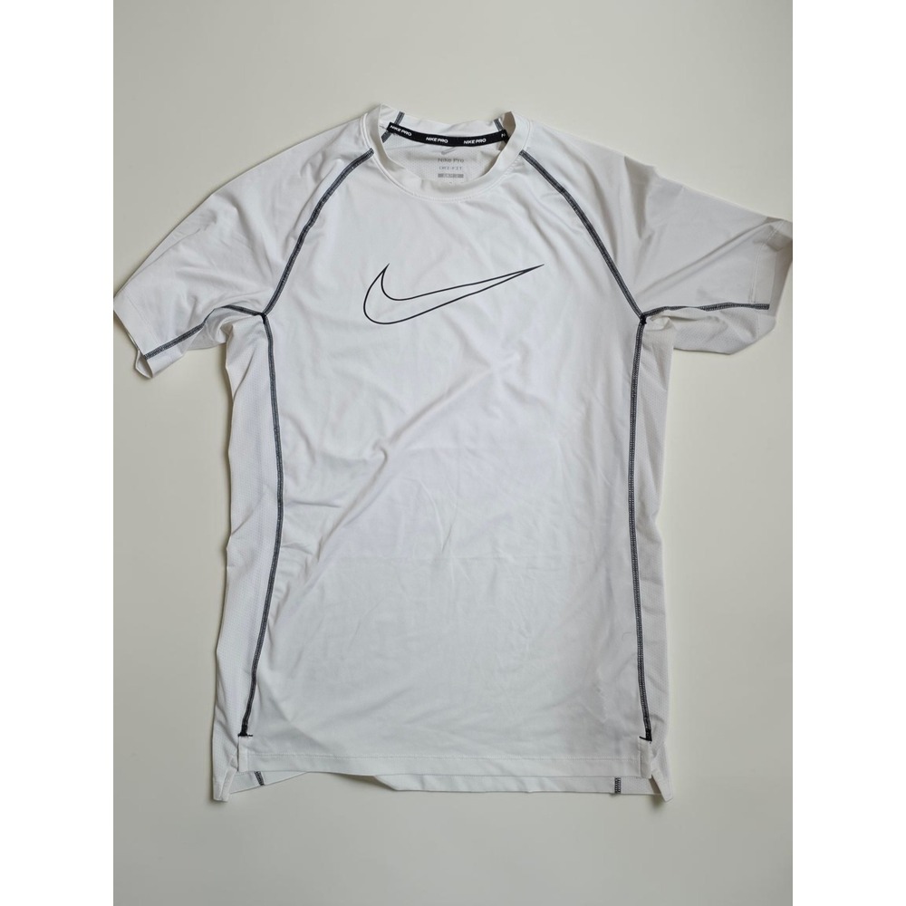 Nike Pro Dri-FIT Mens Slim Fit Training Shirt White Black Swoosh Medium